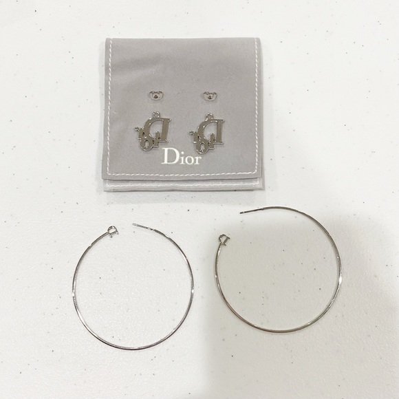 DIOR Silver Hoop XL Earrings Oblique Swarovski Crystal Vintage Authentic